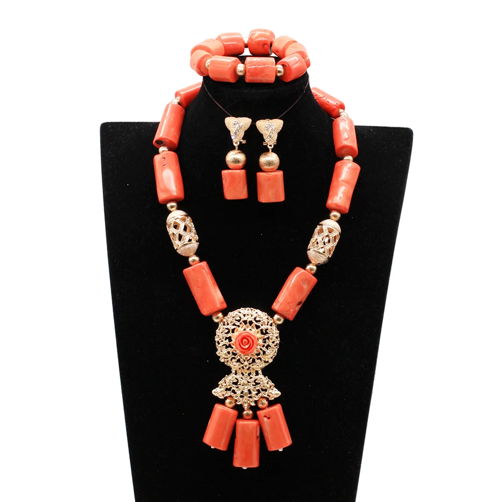 

New Original Coral Chunky Bib Statement Necklace Set Orange Nigerian Coral Beads African Jewelry Set ABG053