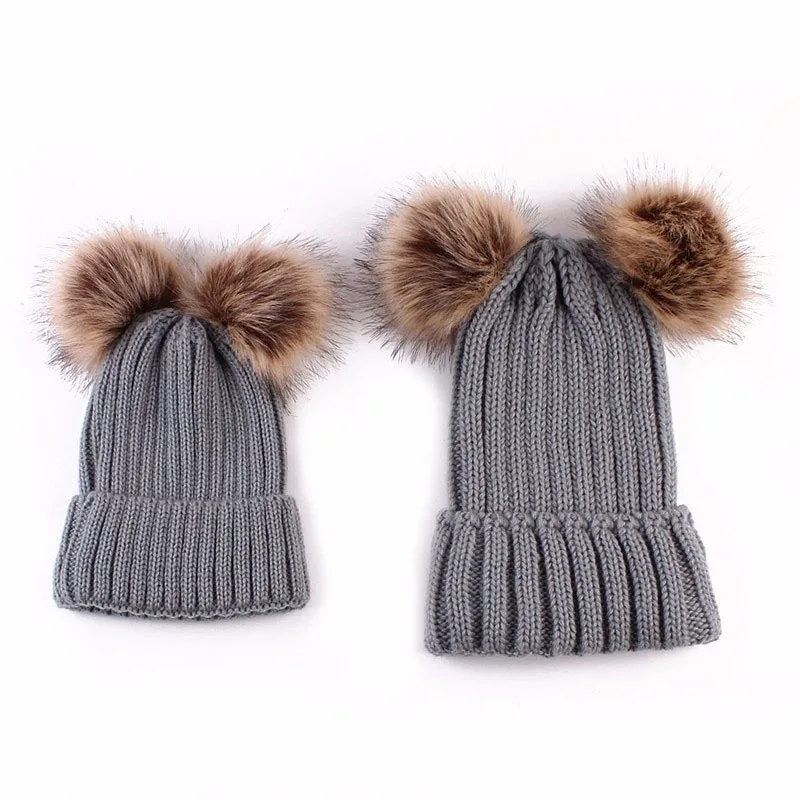 Dropshipping Winter Double Plush Ball Cap Hat for Women Baby Girls Knitted Beanies Cap Hat Thick Female Autumn Gorro  New