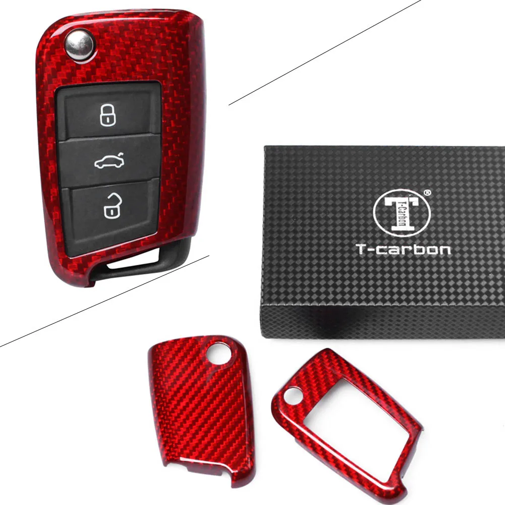 Carbon Fiber Remote Key Case Shell Cover for Volkswagen Beetle Golf Passat 2015 2016 2017 2018 Red