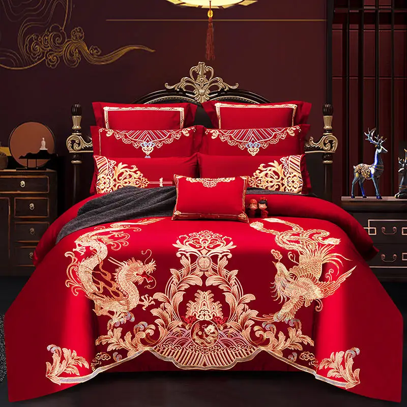 Golden Loong Phoenix Embroidery Bedding Set Luxury Red 100% Cotton Chinese Wedding Princess Duvet Cover Bed Sheet Pillowcases