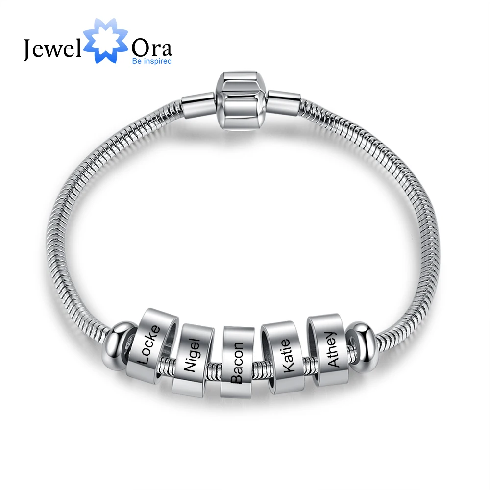 

JewelOra Customized Stainless Steel Name Beads Bracelet Metallic Style Personalized Engraving Mens Bracelet Gift for Fathers Day