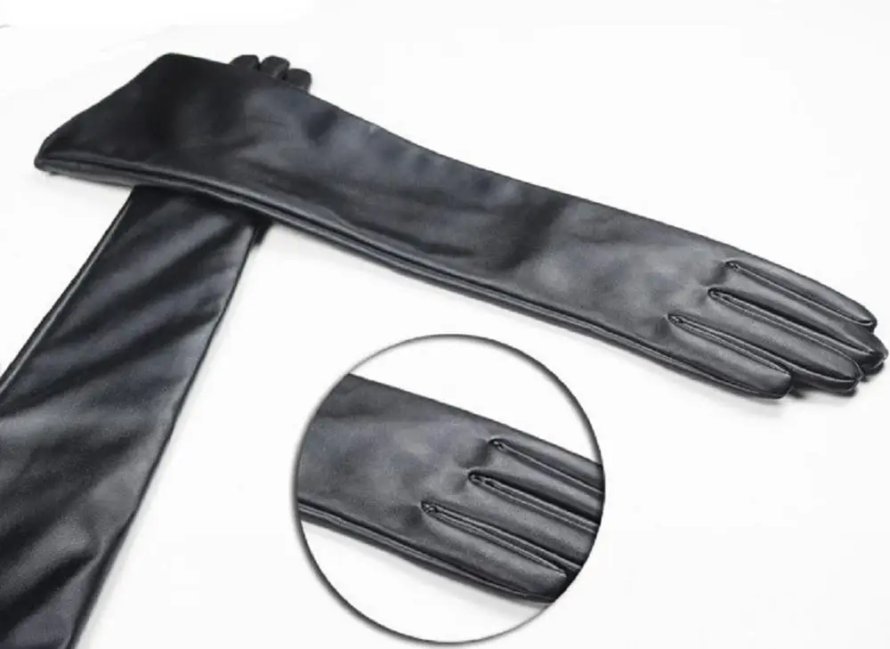 Luvas femininas de couro 50cm, luva de couro preta
