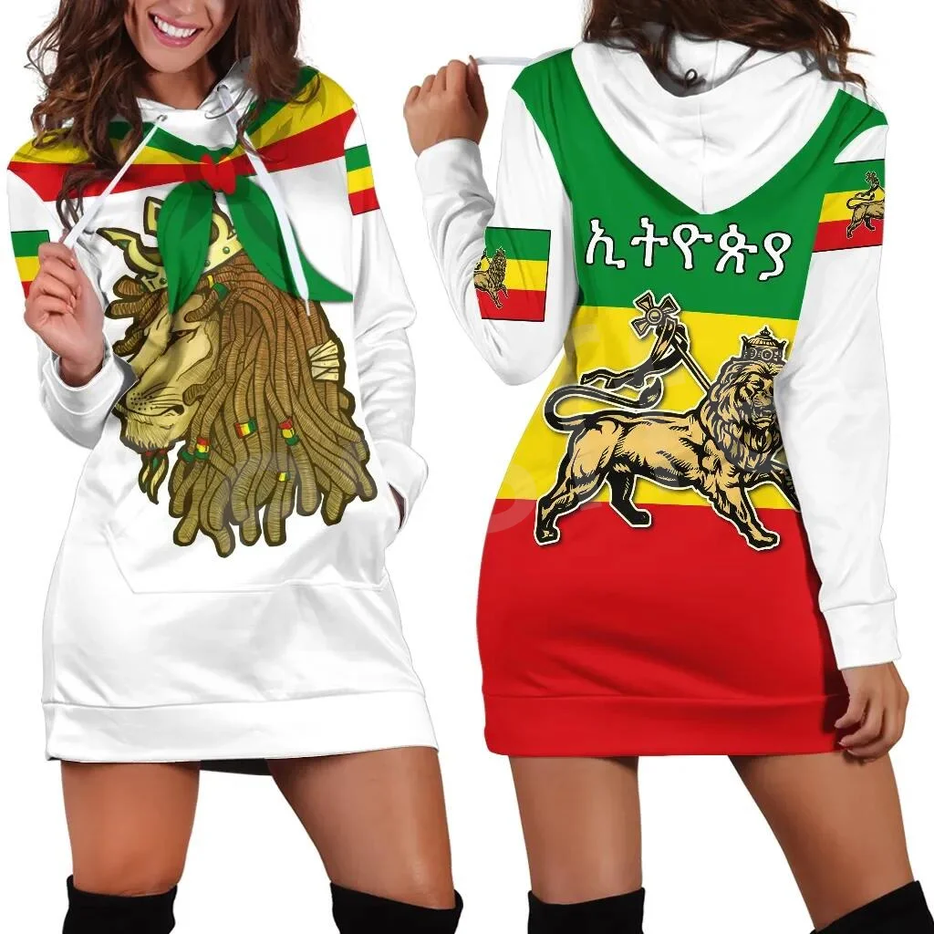 Tessffel Ethiopia County Flag Reggae Africa Native Tribe Lion Retro 3DPrint Harajuku Sexy Women Hoodie Dress Funny Casual F1