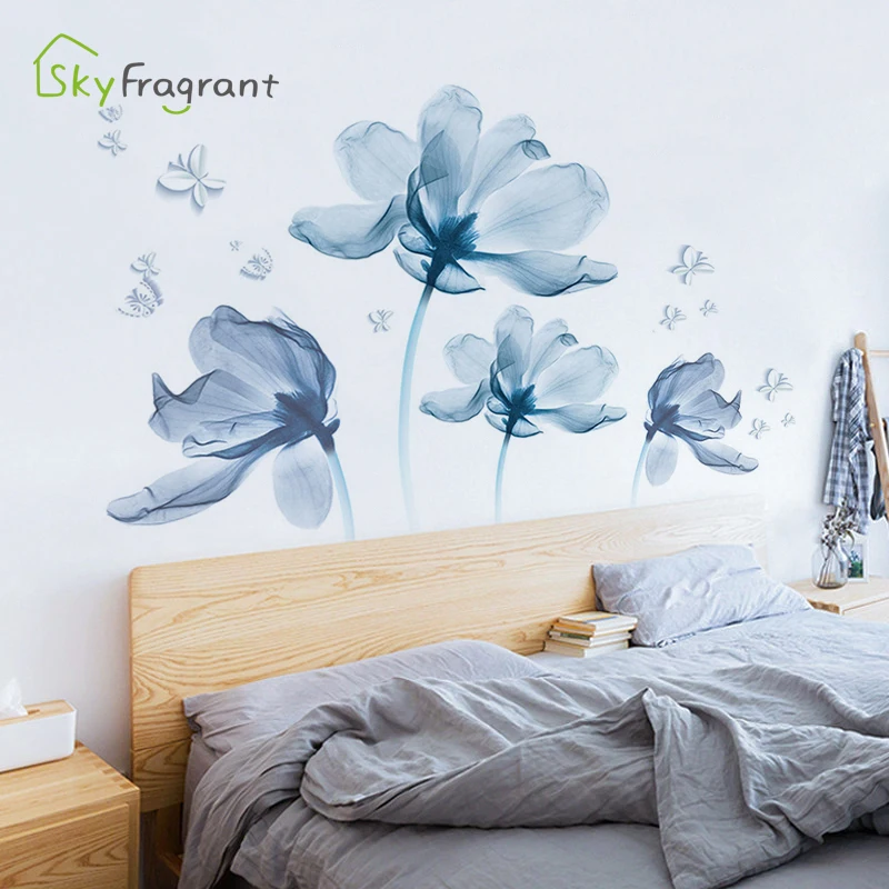 Romantico adesivo murale fiori blu soggiorno arredamento camera da letto sfondo casa decorazioni murali adesivi autoadesivi decorazione della stanza