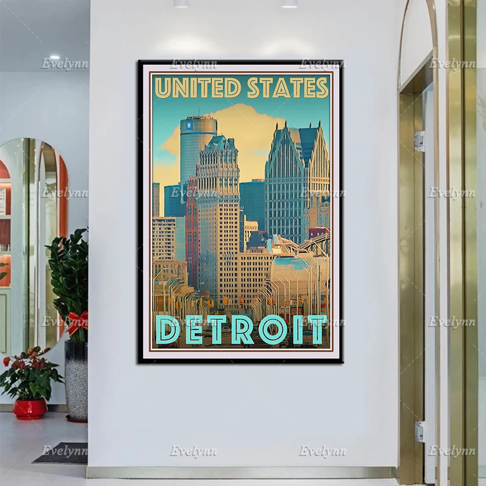 

Retro Vintage Style Travel Poster Detroit United States Oil Painting Posters and Print on Canvas Wall Art Modular Pictures Decor