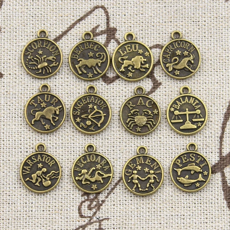 12pcs Charms Pisces Zodiac Vigro Aquarius Taurus Scorpio Pisces Aries Leo Gemini Cancer 12x10mm Tibetan Bronze Color Pendants