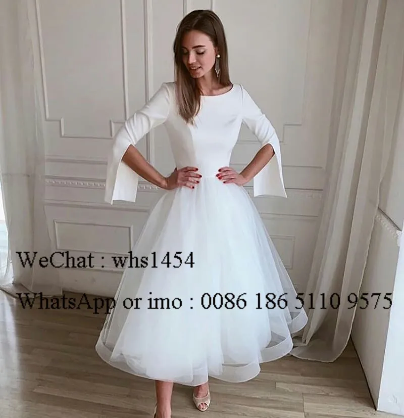 Mbcullyd Chic O-neck Wedding Dress With Long Sleeves 2023 Sexy Tea Length Vestido De Noiva Bohemia Beach Dress For Bridal Women