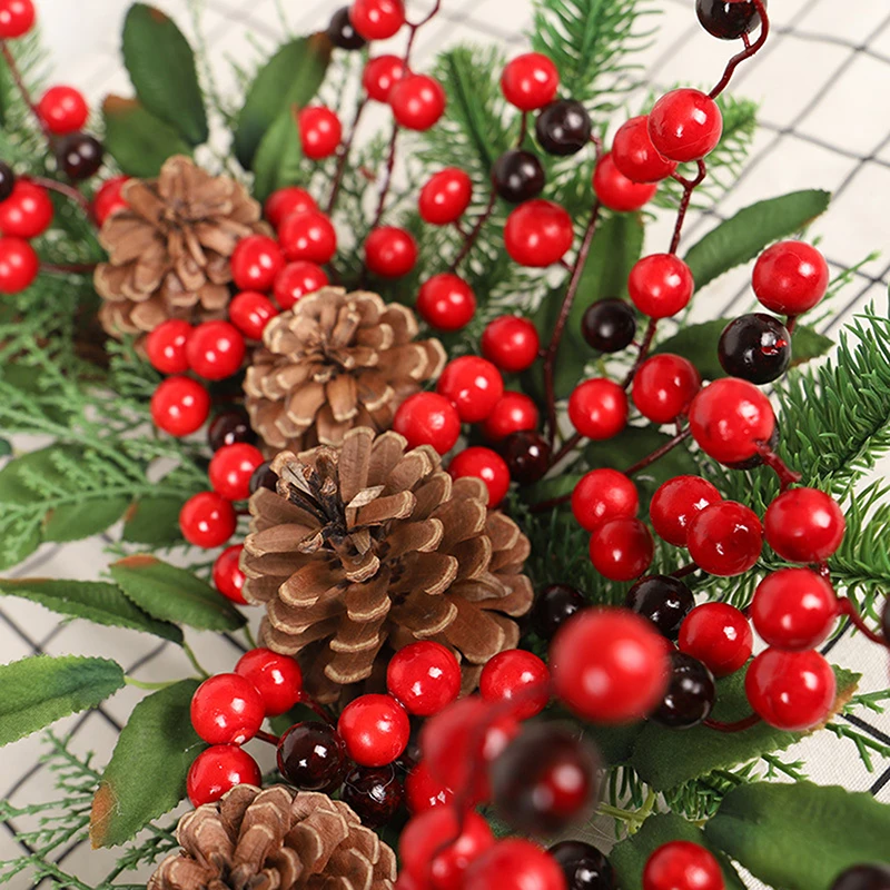 Christmas Rattan Wreath Pine Natural Branches Berries&Pine Cones  Christmas Wreath Supplies Home Door Decoration For New Year\'s