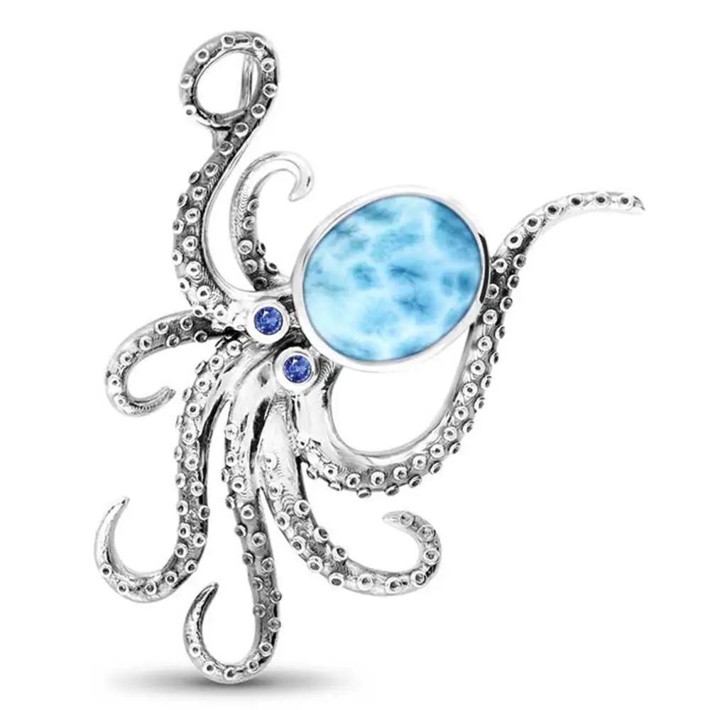 High Quality Real 925 Sterling Silver Octopus Natural Larimar Pendant Neckalce For Women Gift