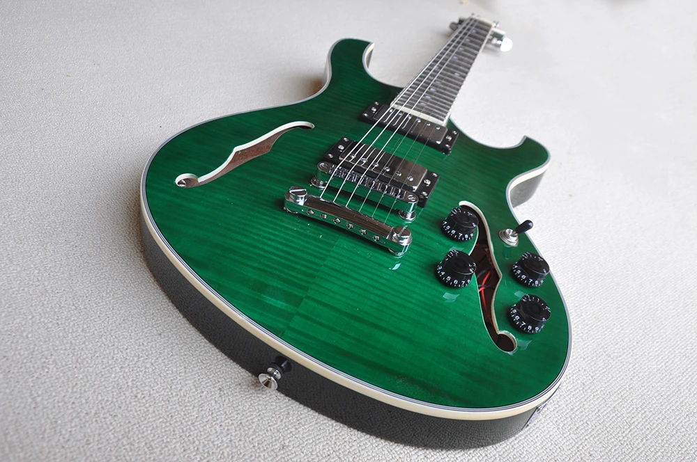 6 Strings Green Semi Hollow Electric Guitar with Flame Maple Veneer,Rosewood Fretboard