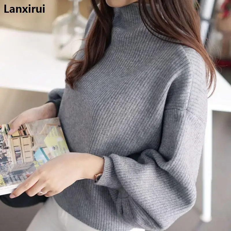 

Casual Drop Shoulder Slim Pullovers Sweaters Jumpers Cotton Women Mock Neck Lantern Sleeve Knitted Sweater Solid Outwear