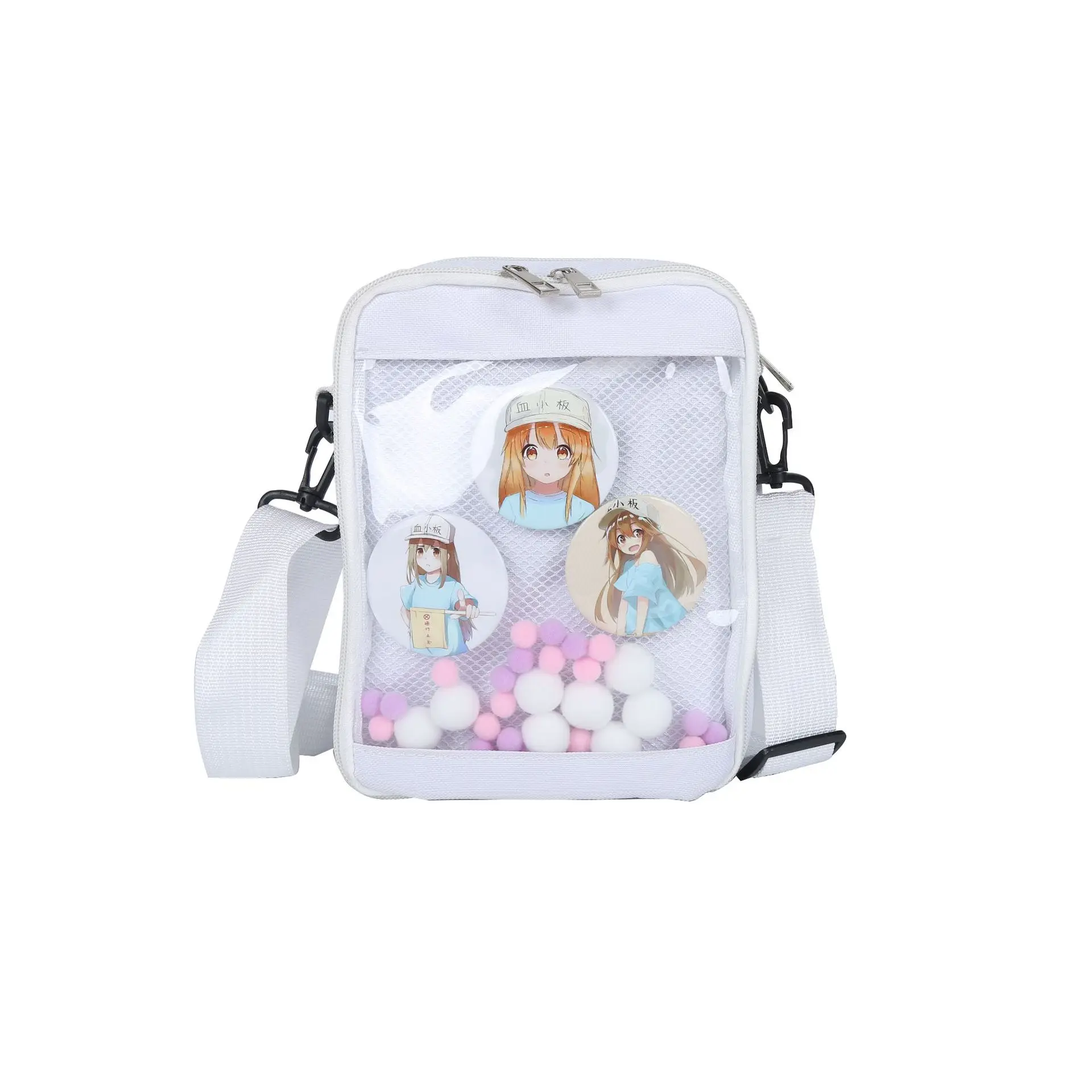 Japan itabag school girls student small canvas bag mesh pocket with colorful hairballs transparent bag flap crossbody bag women