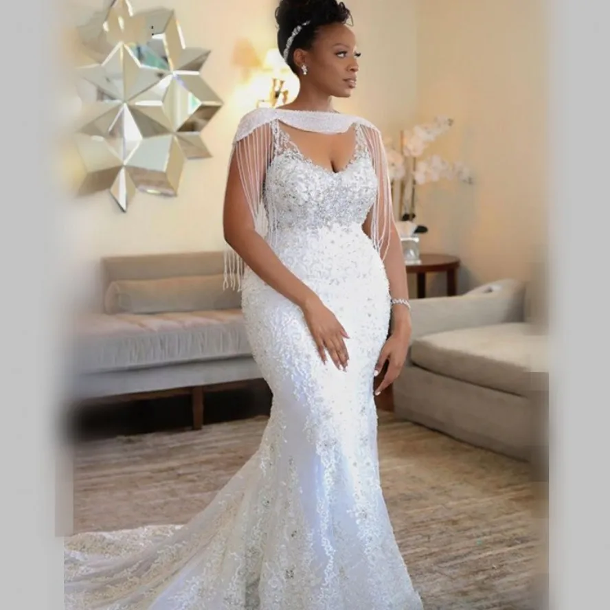 Africano sereia vestidos de casamento com encolher borlas lantejoulas v pescoço sereia vestidos de noiva plus size rendas vestido de mariage