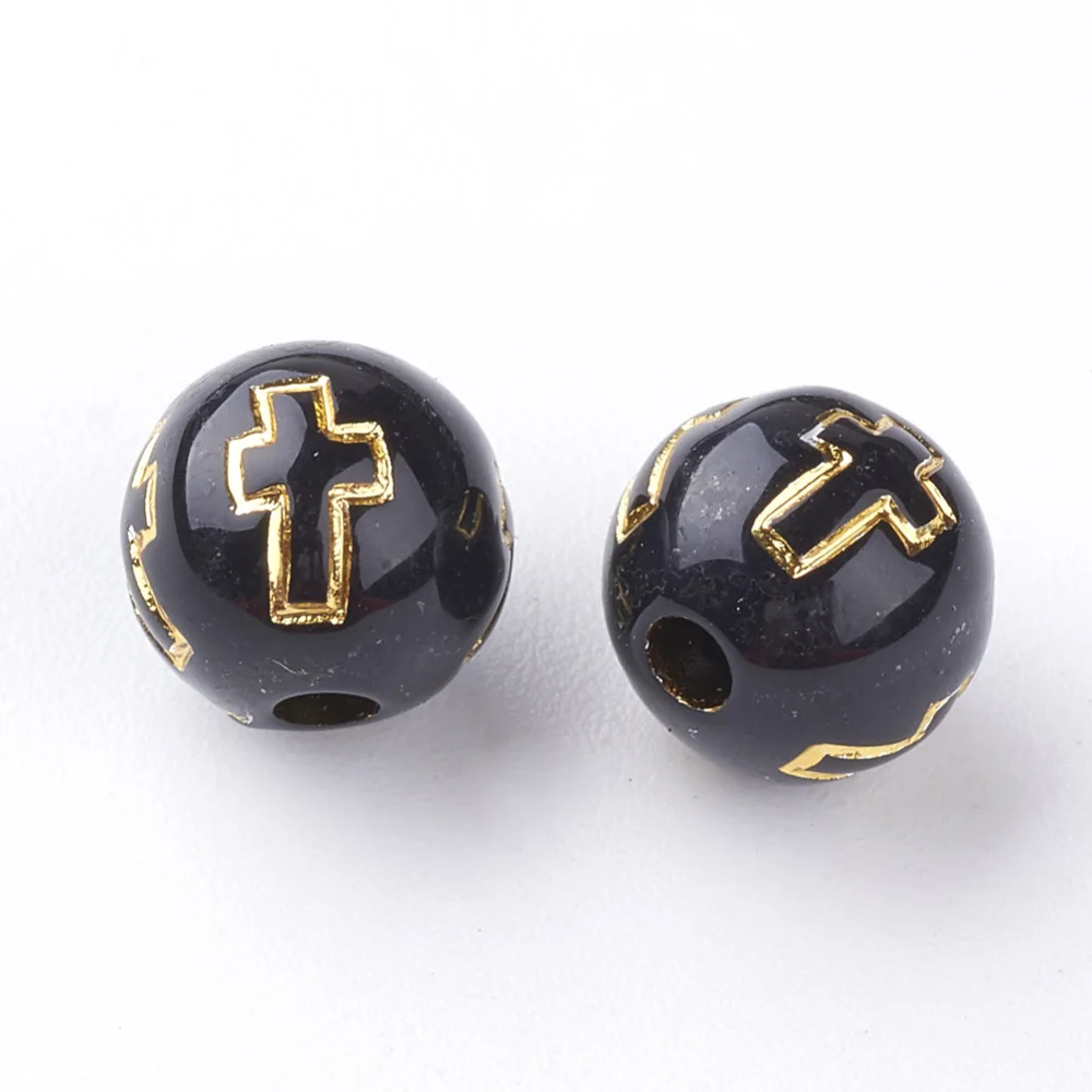 200pcs 8mm Black Round Cross Acrylic Beads Plating Golden Metal Enlaced Loose Spacer Beads for Diy Jewelry Making Accessories