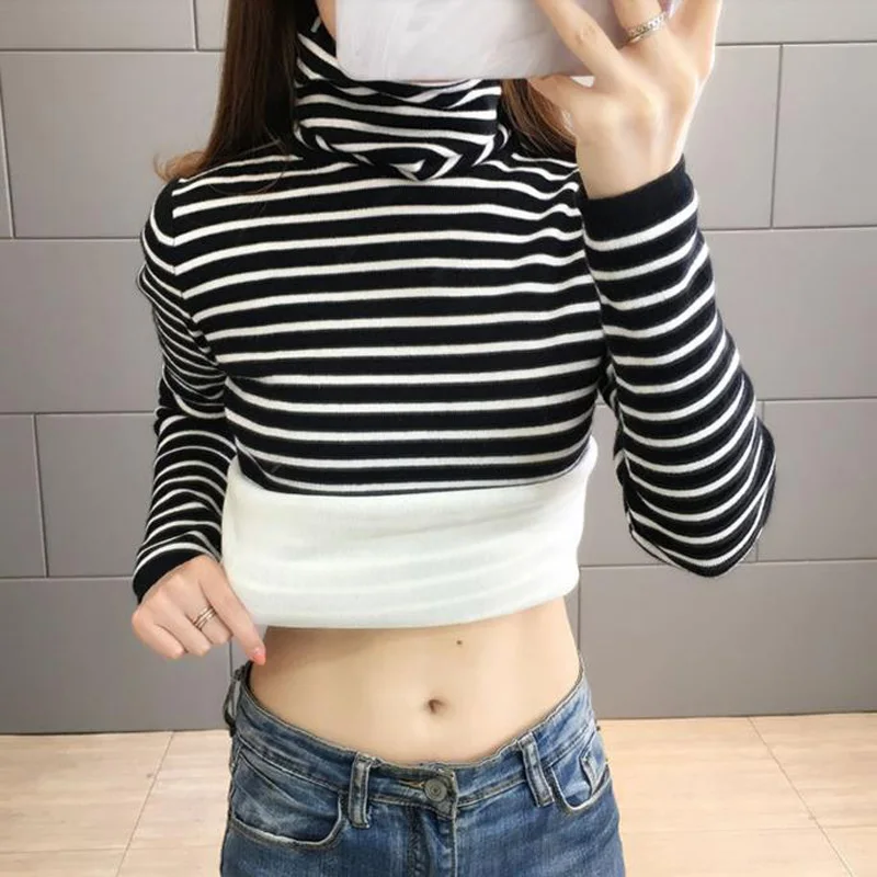 

Women Turtleneck Sweater Thick 2022 New Winter Plus Velvet Keep Warm Fashion Stripe Female Knitted Pullover Korean Style A116