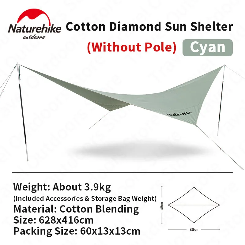 Naturehike Katoen Diamant Zon Onderdak 3-4 Personen 3.9Kg Aluminium Pole Toeristische Tent Grote Shadow Schaduw Waterdicht PU1000mm