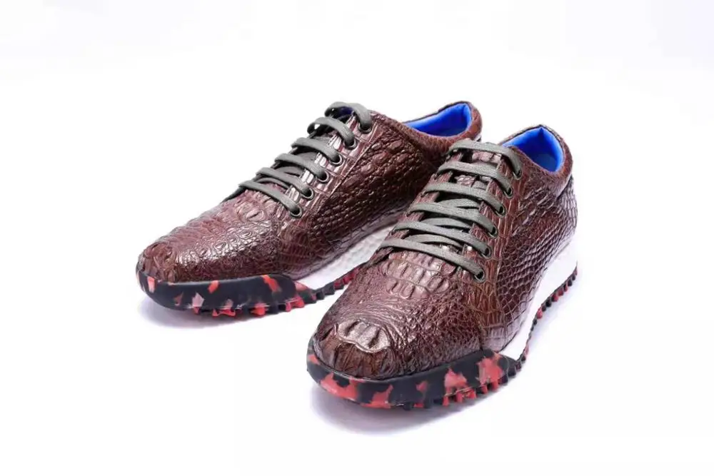 Real Genuine crocodile skin leather men shoe with cow skin lining crocodile head skin men flat shoe 2019 new design brown colors