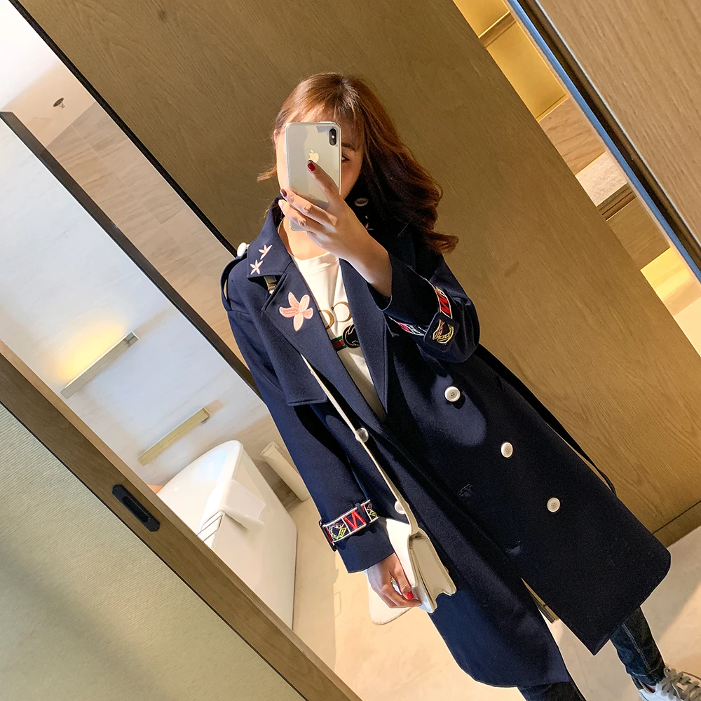 Spring Fad new embroidered windbreaker Korean version slim long sleeve double breasted over the knee mid long coat autumn