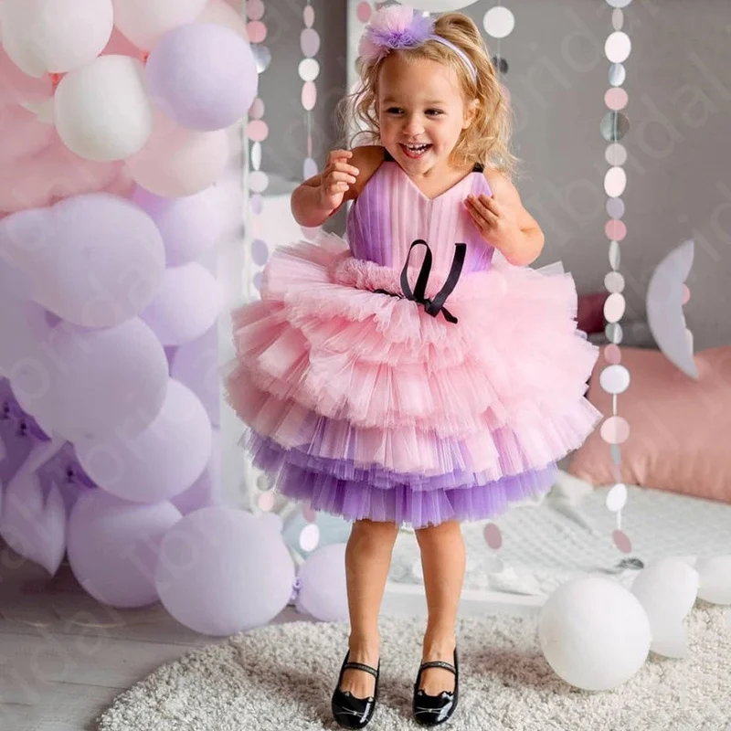 In vendita abiti da bambina corti rosa carino abiti da festa per bambini senza maniche indietro fuori al ginocchio gonna a strati per abbigliamento formale per bambini 2021