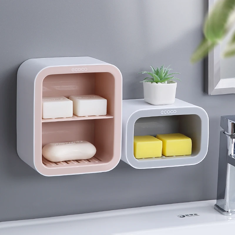 ECOCO Double Drawer Design Wall Mounted Soap Dish Box Bathroom Shower Soap Holder Tray Storage Rack Shelf Bathroom Accessories