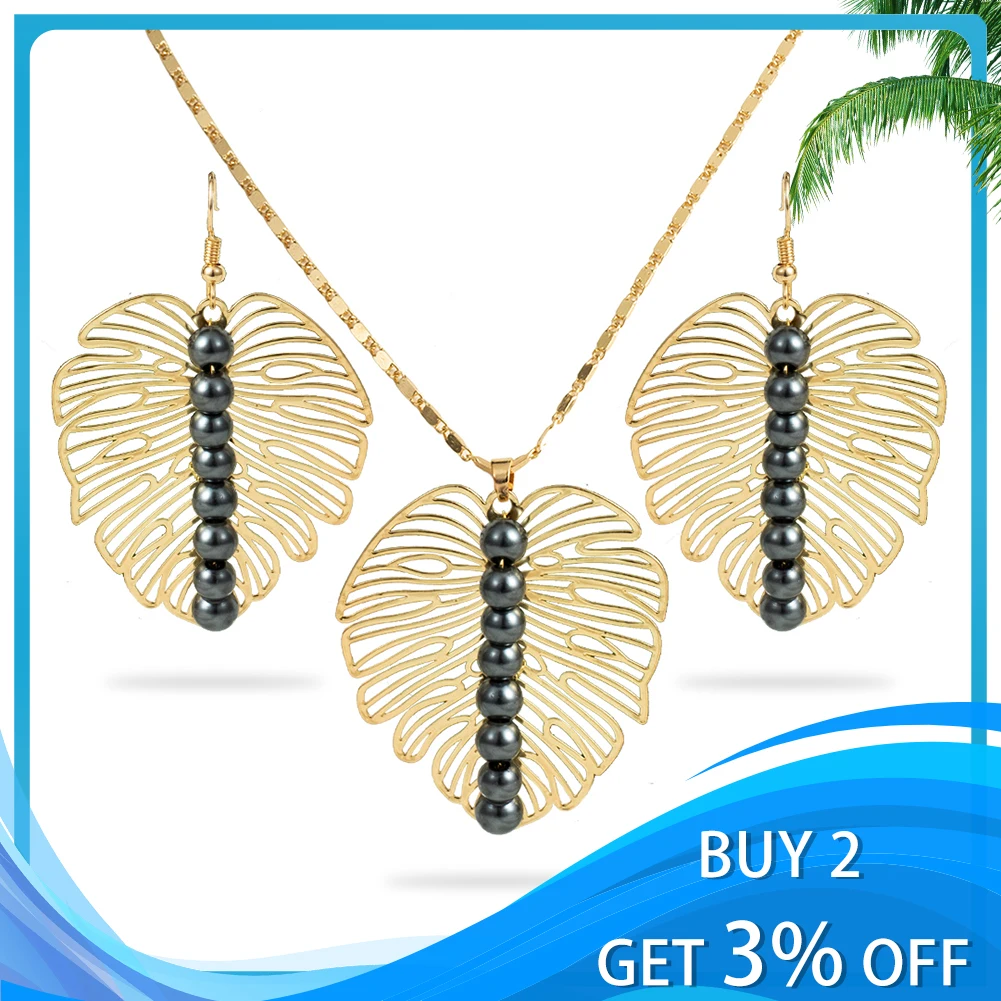 Hawaiian Monstera Leaf Jewelry Sets Polynesian Set Guam Gold Plated Purple Pearl earrings and necklace set for women 2021 New