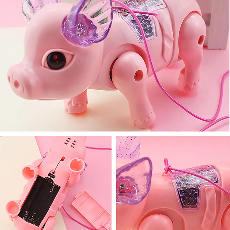 Electric Light Music Walking Pig Toy Luminous Cartoon Pink Pig with Leash for Kids Children Girls