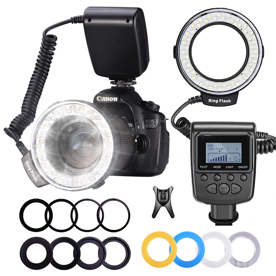 RF-550D 48 Macro LED Ring Flash Light With 8 Adapter Ring For Nikon Canon Pentax Olympus Panasonic DSLR Camera aro de luz Kits