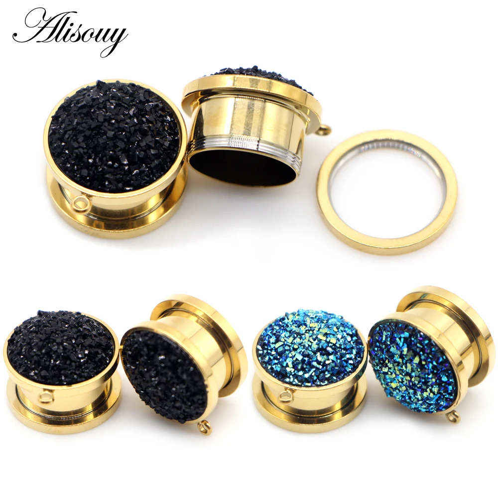 Alisouy 2pcs Resin DIY Pendant Stainless steel Screw Ear Plugs Tunnel Strechers Expander Earrring Piercing Unisex Body Jewelry