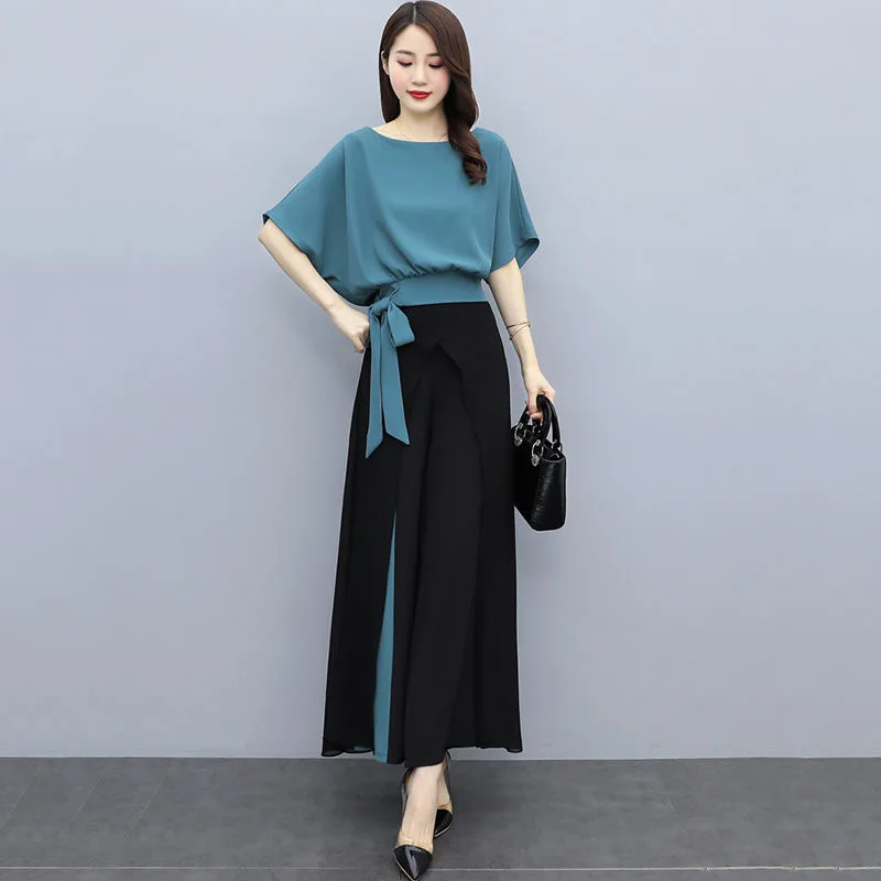 

Women Casual Half Sleeves O-Neck Ribbon Top & Wide Leg Pants Patchwork Two Pieces Set Summer Loose Elegant Ladies M-3XL