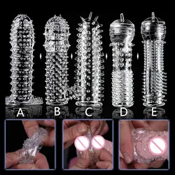 5Pcs/Set Reusable Condom Penis Sleeve Male Enlargement Time Delay Spike Clit Massager Cover Crystal Clear Condoms Adult Sex Toy