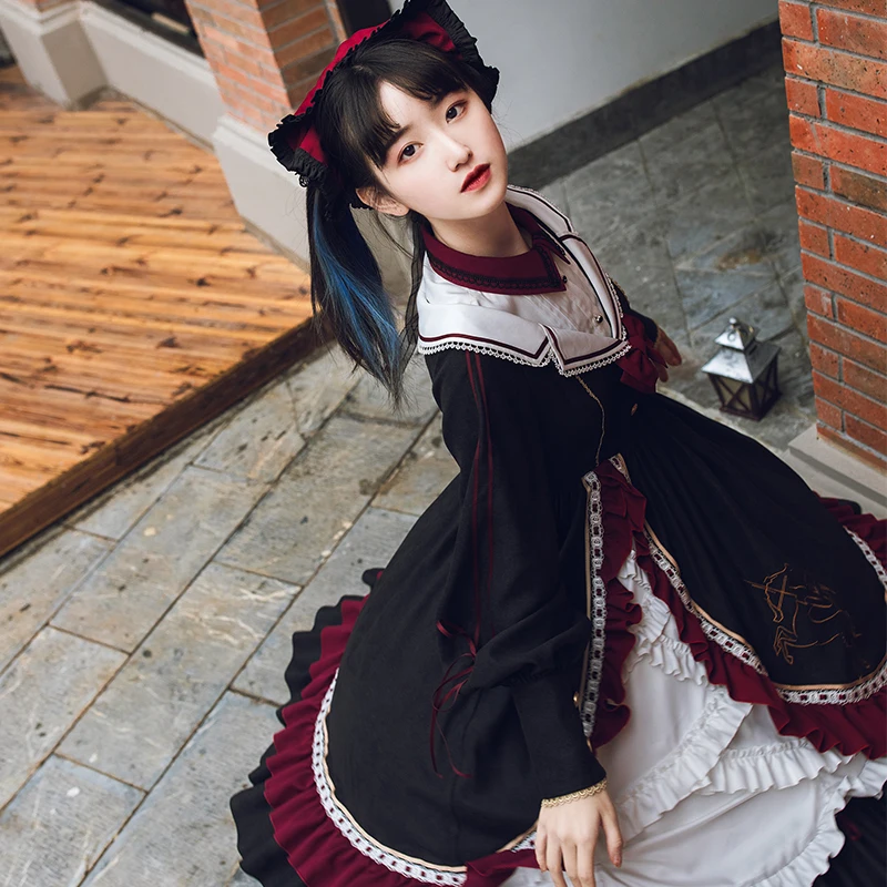 Sweet lolita dress vintage court stand puff sleeve high waist cute printing victorian dress kawaii girl gothic lolita op loli