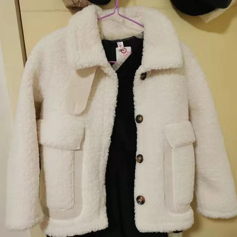 Mantel Teddy Wol Domba Tebal Wanita Gaya Korea Jaket Berbulu Hangat Musim Gugur Musim Dingin Mantel Kasmir Berbulu Saku Besar Mantel Bulu Imitasi