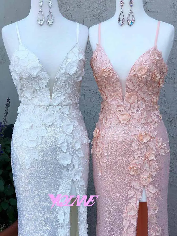 YQLNNE Beauty Long Sequined Prom Dresses Mermaid Sexy Straps Flowers Appliques Left Slit Backless Floor Length Party Gown