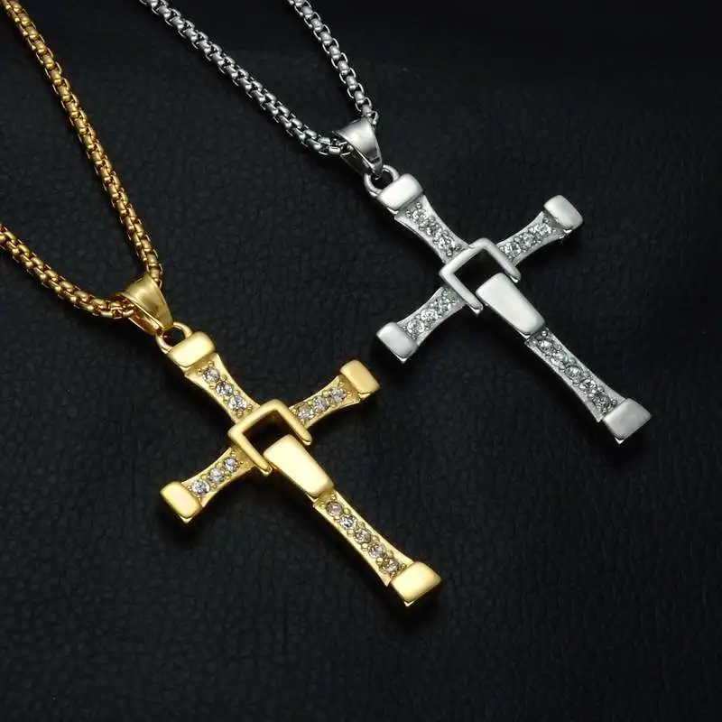 Vienkim The Fast And The Furious Dominic Toretto Vin New Movie Jewelry Classic Rhinestone Pendant Sliver Cross Necklaces Men