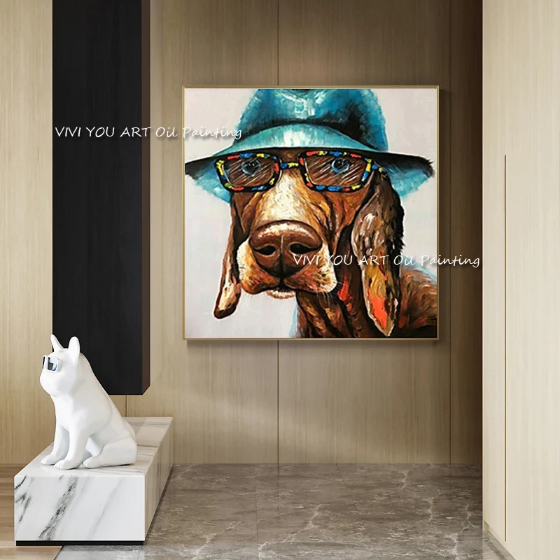 100% Handmade Oil Painting Wall painting pug dogs with blue hat Home Decorative Art Picture For Living Room paintng No Frame