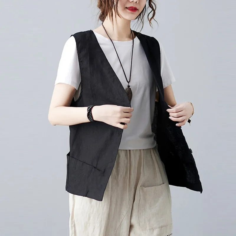 Women Cotton Linen Casual Vests Jackets New Arrival 2021 Summer Vintage Style V-neck Solid Color Loose Female Vest Coats B267