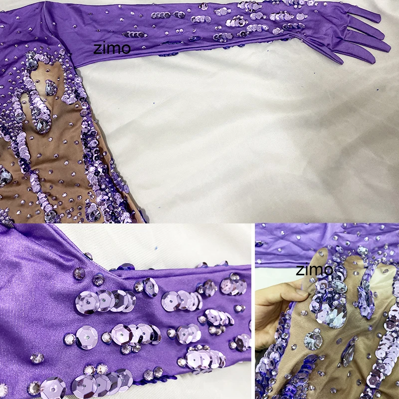 Elegant purple rhinestone dress crystal mesh Long Tail Women sexy Singer Dancer Outfit Birthday party Stage performance costumes