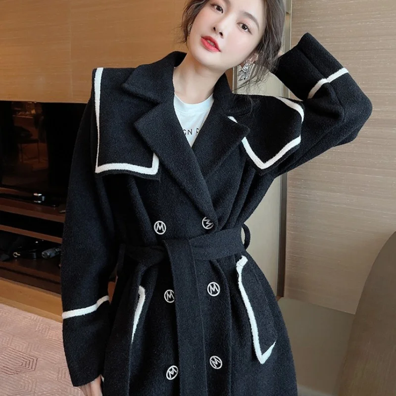 Street High Navy Collar Double Breasted Overcoat Winter Loose Fit Women Wool Coat Fashion Medium Long Black Woolen Blends Jacket