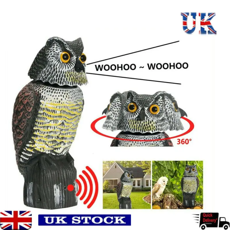 Faroot Realistic 360 Degree Rotating Bird Repellent Fake Owl Decoy Bird Scare Sound and Shadow Control Garden Yard Decor