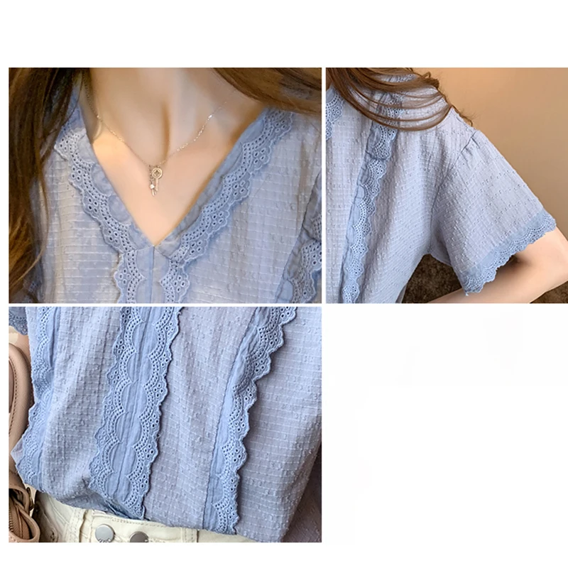 V-Neck Lace Blouse Women Pullover Blue Casual Shirts Chiffon Blouses Short Sleeve Top 2022 Summer Woman Clothes Chemisier Femme