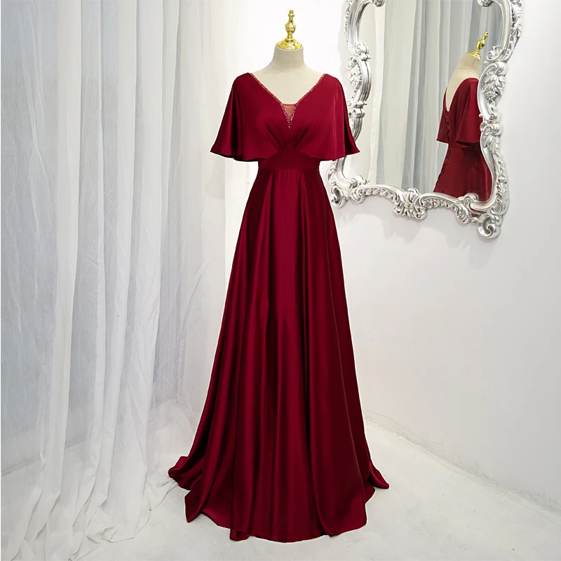 

Burgundy Fashion V-Neck Evening Dress Short Sleeve Pleat Floor-Length Lace Up A-Line Simple New Party Formal Dresses Woman B1235