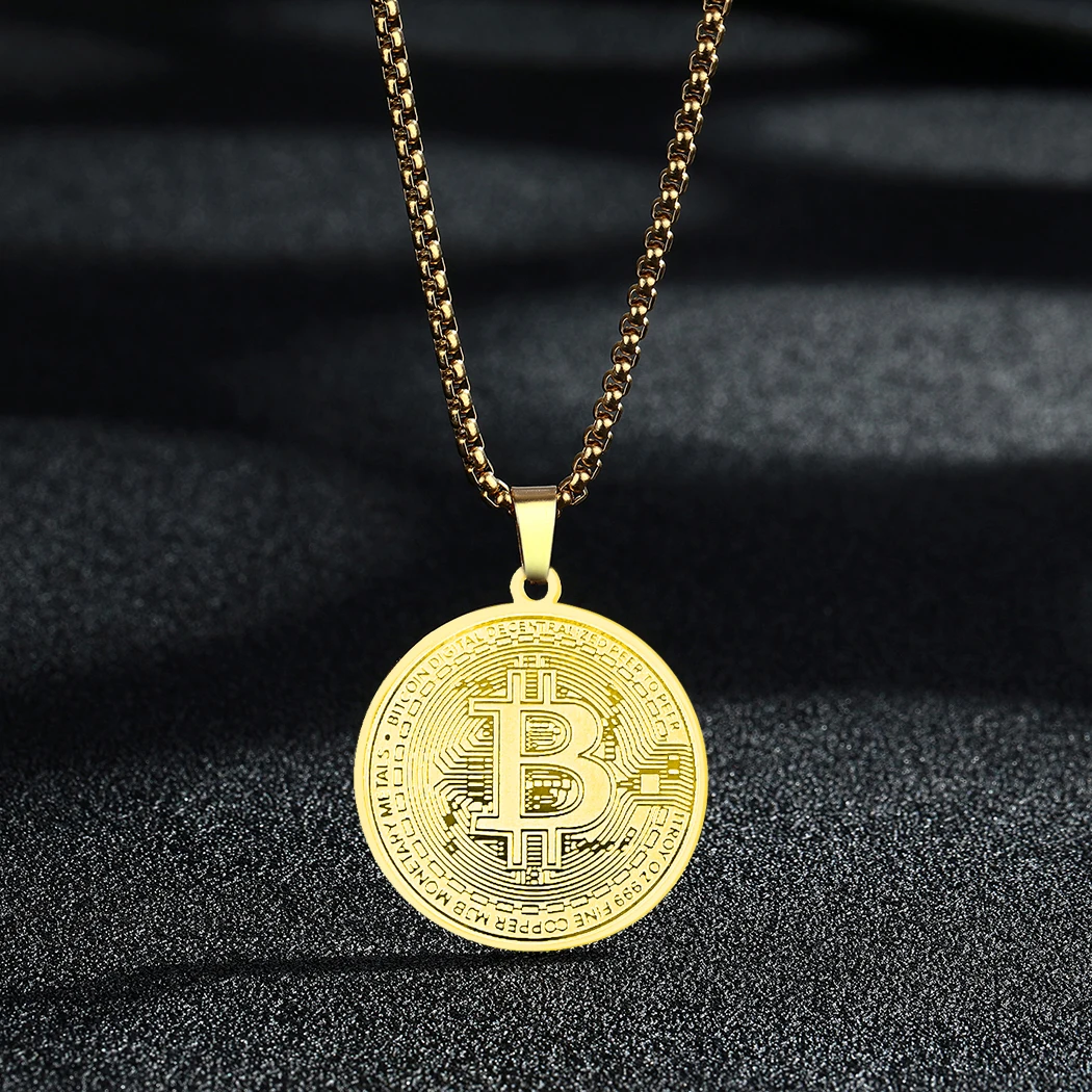 Bitcoin Pendant Women Men Gold Plated Circle Bitcoin Pendant Necklace Bitcoin Charm Chain Stainless Steel Female Male Gift