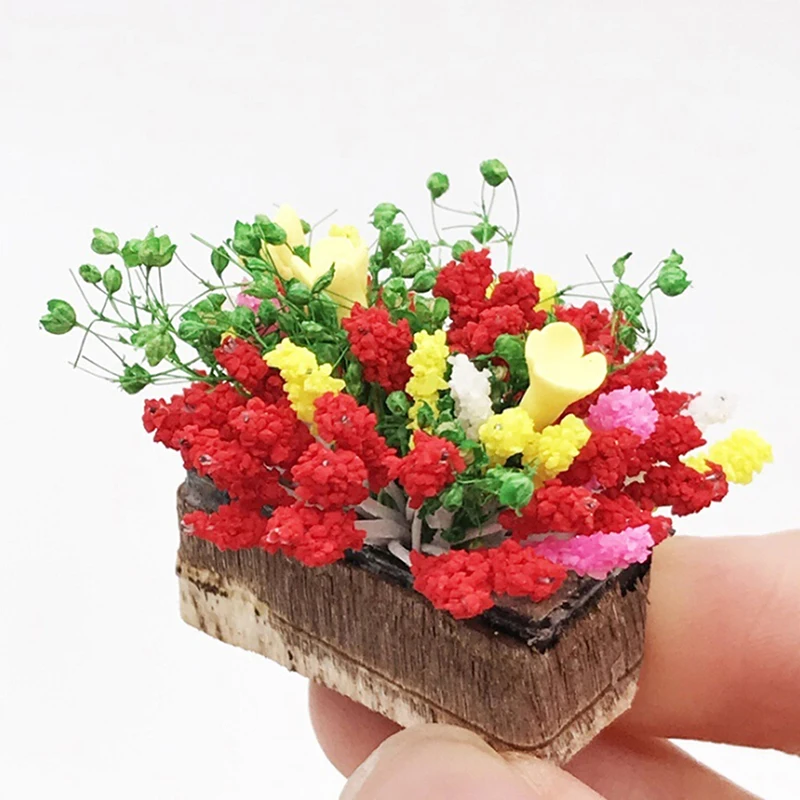 Planta en miniatura para casa de muñecas, accesorio multicolor con maceta de madera para jardín, poppenhuis, 1/12