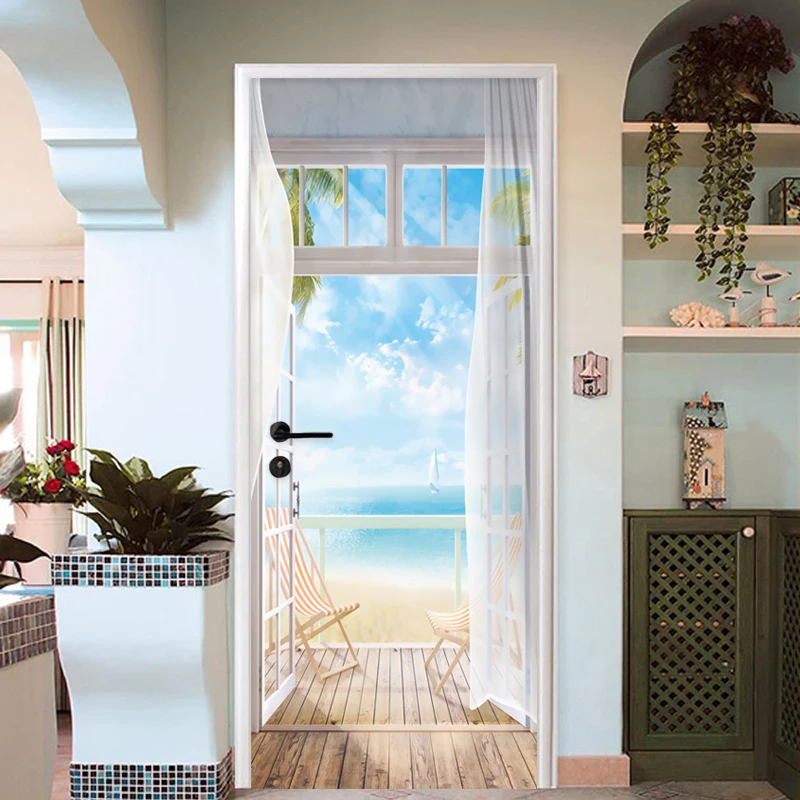 Adesivo de Porta em PVC Papel de Parede Impermeável Moderno com Paisagem Marinha, Papel de Parede para Sala de Estar e Quarto, Poster 3D para Decoração de Casa