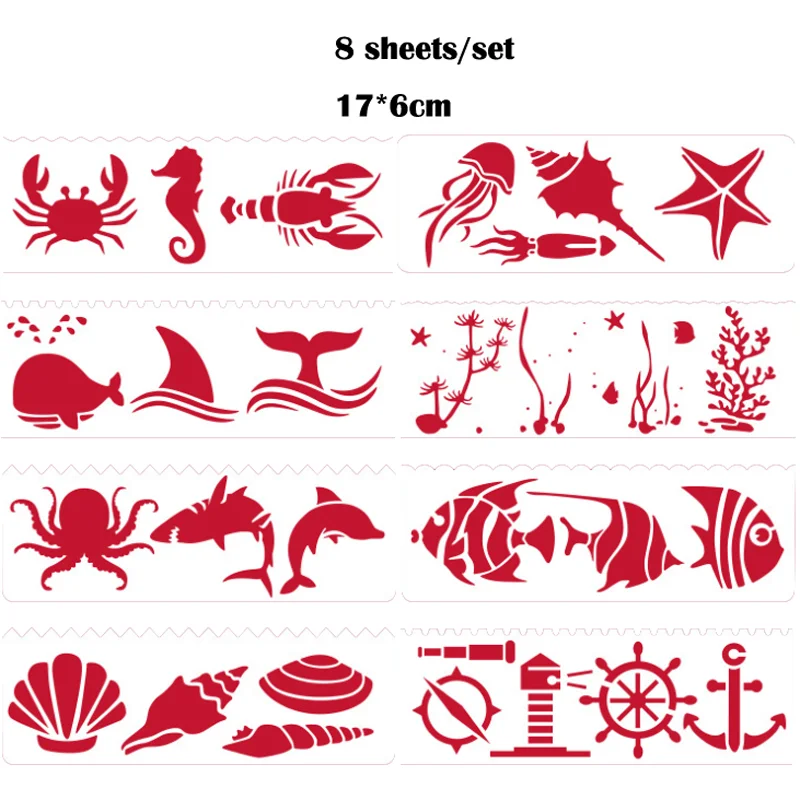 

8pc Marine Life Painting Template Stencils DIY Wall Scrapbooking Album Decor Accessories Drawing Office School Supplies Reusable