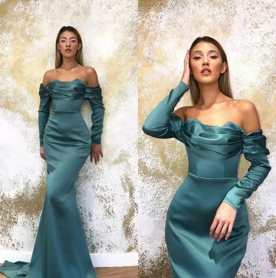 Mermaid długie rękawy suknie wieczorowe Off The Shoulder eleganckie satynowe kobiety formalna suknia wieczorowa sukienka na konkurs piękności Plus rozmiar Custom Made