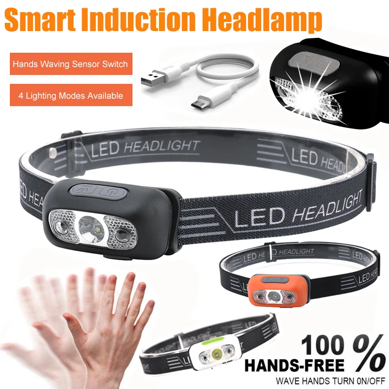 

Motion Sensor LED Headlamp Hands-free Wave Induction Head Light Rechargeable Outdoor IPX5 Waterproof Night Fishing Riding Torch