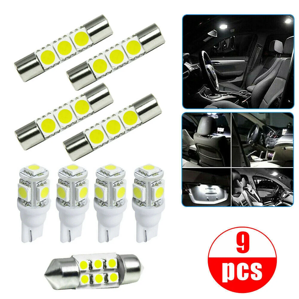 

9pcs Universal White LED Car Tuning Interior Inside Light Dome Visor Map License Plate Lamp Bulbs Car Interior Accessories