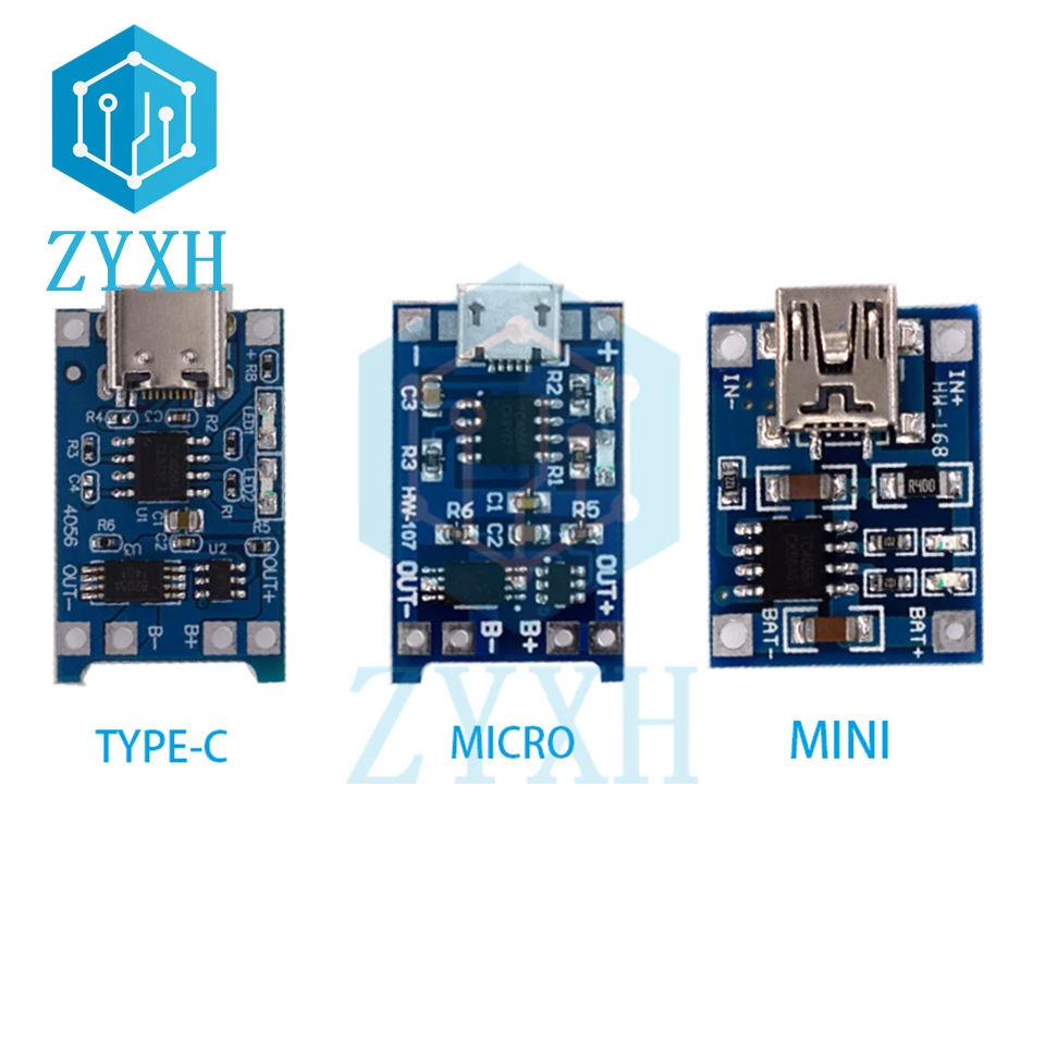 5 PCS Type C Mini Micro USB TP4056 5V 1A Charger Board Lithium 18650 Li-ion Battery Protection Charging Module Dual Functions