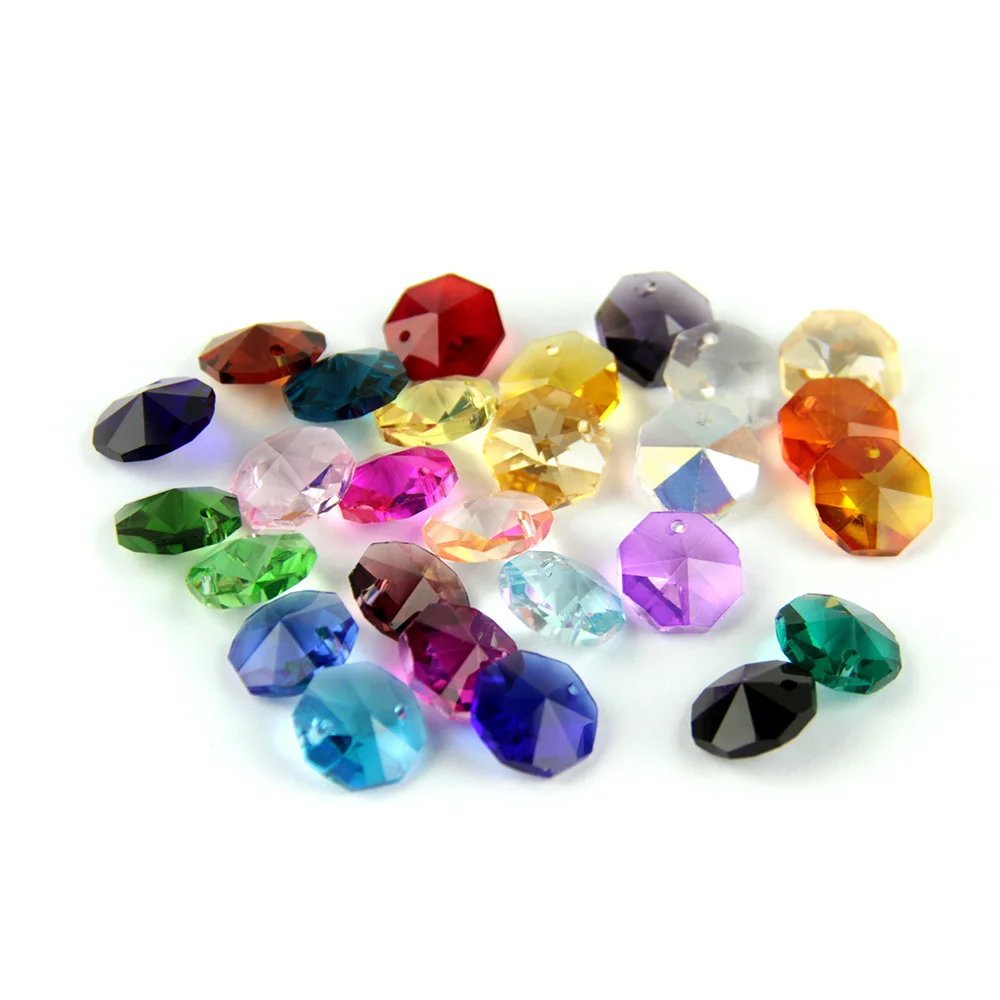 Lot de 100 perles octogonales en cristal de 14mm de couleurs mélangées, prisme, perles dans un trou pour mariage, guirlande